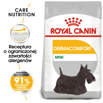 Torba karmy dla psów Royal Canin Dermacomfort Mini z ilustracją szkockiego teriera, promująca redukcję alergenów i 91% satysfakcji właścicieli.