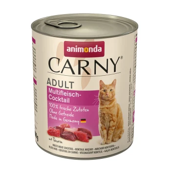 Carny Nassfutter Katze Adult Multifleisch Cocktail 6x800 g Dosenfutter für Katzen mit der Aufschrift "Animonda Carny Adult Multifleisch-Cocktail", mit frischen Fleischzutaten, getreidefrei, hergestellt in Deutschland.