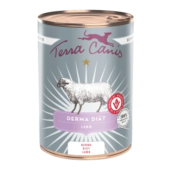 Terra Canis Derma Diät Lamm Hundefutterdose, graues Etikett mit Lammillustration, Stern und Qualitätssiegel