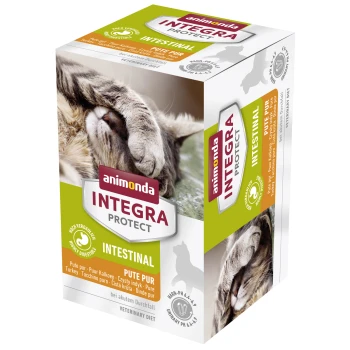 Integra Protect Intestinal 6x100g Nahaufnahme einer entspannten Katze neben einer Box mit der Aufschrift "animonda INTEGRA PROTECT INTestinal", die die "Hochverdauliche" Truthahndiät betont.