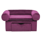 Lila Haustiersofa mit abgerundeten Armen und einem versteckten Stauraum unter dem Sitz.
