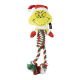 The Grinch plush dog toy wearing a Santa hat with red, white, and green rope legs and mittens.
