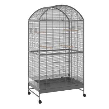 Grande cage à oiseaux grise avec un sommet en arc, comportant deux niveaux, des perchoirs en bois et une base roulante pour une mobilité facile.