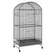 Grande cage à oiseaux grise avec un sommet en arc, comportant deux niveaux, des perchoirs en bois et une base roulante pour une mobilité facile.