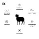 Schwarze Schafssilhouette, umgeben von Haustier-Icons und deutschen Beschriftungen wie natürlich, Mono-Protein, zucker- und getreidefrei, für alle Rassen geeignet
