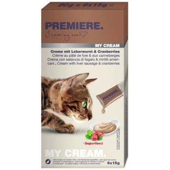 Kattenvoer verpakking toont een close-up van een kattengezicht, gelabeld "PREMIERE. I love my cat," met details over leverworst en veenbessen.