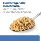 Ein cremiger Löffel Haustierfutter mit dem Text "Hervorragender Geschmack, dem Tiere nicht widerstehen können."