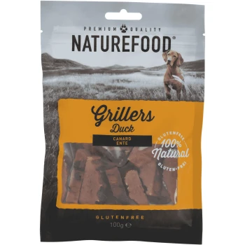 Naturefood Grillers Ente Haustierleckerlis-Packung, mit einer Größe von 100g, gekennzeichnet als glutenfrei und 100% natürlich.