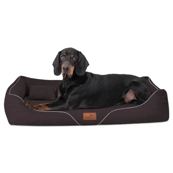WILLIAM Couture - Orthopädisches Hundebett braun 1,1 m, 22 cm, 85 cm Ein schwarz-brauner Hund, der auf einem dunkelbraunen Haustierbett mit weißer Paspelierung liegt, mit einem kleinen Kissen und einem Holzschild mit der Aufschrift 'tierlando'.