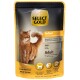 Eine Packung Select Gold Indoor Katzenfutter mit einer flauschigen orangefarbenen Katze auf der Vorderseite, beschriftet mit "Getreidefreie Formulierung" und "Erwachsene."