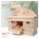 Holzhaustierhaus mit Belüftungsöffnungen für Luftzirkulation, mit abnehmbaren Türen für einfache Reinigung, beschriftet mit "WILDTIER LIEBE."