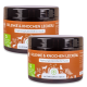 Zwei Gläser mit "Gelenke & Knochen Leckerli" Hundefutter, gekennzeichnet als Nahrungsergänzungsmittel für Hunde, mit einem braunen Hintergrund und floralen Designs.