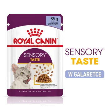 Torebka karmy dla kotów Royal Canin Sensory Taste, 85g, z szarym kotem, kawałkami galaretki i tekstem "Feline Health Nutrition."