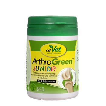 Behälter von cdVet ArthroGreen Junior, ein natürliches Ergänzungsmittel für die Gelenkpflege bei wachsenden Haustieren, mit einem grünen Deckel und einem Etikett mit Nährwertangaben.
