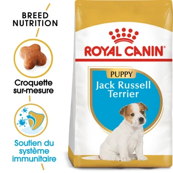 Nourriture pour chiots Royal Canin pour Jack Russell Terriers, avec une image de chiot, une nutrition spécifique à la race et un texte de soutien au système immunitaire.