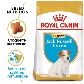 Nourriture pour chiots Royal Canin pour Jack Russell Terriers, avec une image de chiot, une nutrition spécifique à la race et un texte de soutien au système immunitaire.