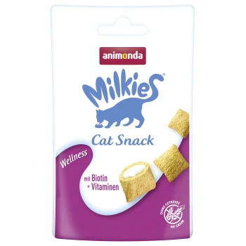 Sachet Animonda Milkies Cat Snack avec logo de chat bleu et bouchées céréalières fourrées de crème ; texte visible : 'Wellness'.