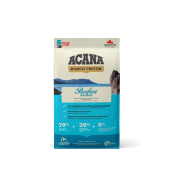 ACANA Pacifica Recipe bag with a mountain backdrop, showcasing "Highest Protein" and key ingredients: raw herring, mackerel, and flounder.