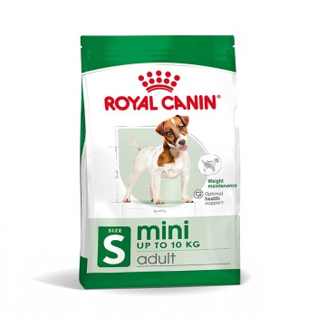 Torba karmy dla psów Royal Canin Mini Adult, z małym psem na przodzie, z napisem podkreślającym "Utrzymanie wagi" i "Optymalne wsparcie zdrowia."