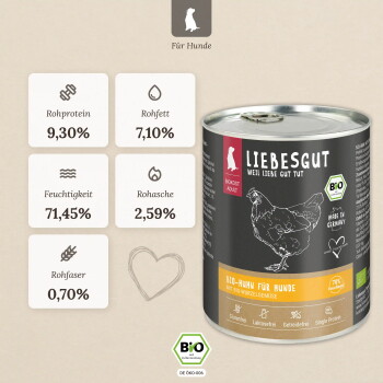 LIEBESGUT-Dose 'BIO-Huhn für Hunde' mit Hühnchenzeichnung, BIO-Siegel, Protein 9,30% und Fett 7,10%.