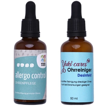 Zwei braune Glasflaschen mit Tropfern, beschriftet mit 'allergocontrol Ohrenpflege' und 'Yuki cares Ohrreiniger Desinfekt', für die Ohrenpflege von Haustieren.