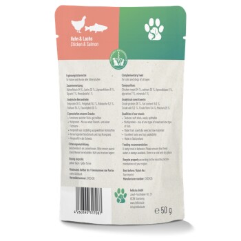 Verpackung für Haustierfutter mit Huhn und Lachs, mit Details zur Zusammensetzung, Fütterungsempfehlungen und Recyclinghinweisen.