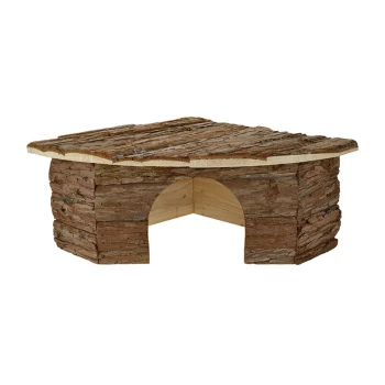 Cachette en bois pour animaux avec un extérieur en écorce texturée et une entrée en arc, idéale pour les petits animaux.