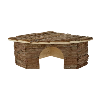 Cachette en bois pour animaux avec un extérieur en écorce texturée et une entrée en arc, idéale pour les petits animaux.