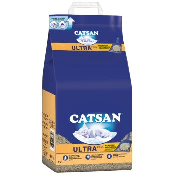 Sac bleu et orange de litière pour chat Catsan Ultra Plus, avec un graphique de chat endormi, taille 15L, et instructions faciles à ouvrir.