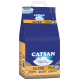 Blaue und orange Tasche mit Catsan Ultra Plus klumpender Katzenstreu, mit einer schlafenden Katzen-Grafik, 15L Größe und einfachen Öffnungsanweisungen.