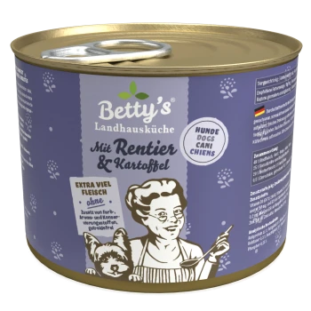 Dosenhundefutter "Betty's Landhausküche mit Rentier & Kartoffel" mit einem Cartoon-Koch, einem kleinen Hund und dem Text "extra viel Fleisch."