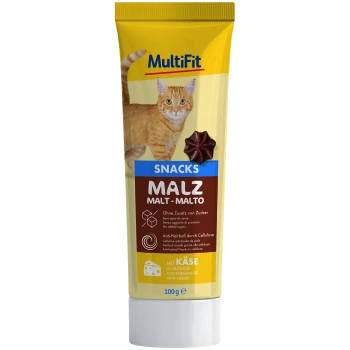 Tube van MultiFit katten snacks met een speelse oranje kat, met tekst die 'Geen toegevoegde suikers' en 'Anti-haarbal dankzij cellulose' benadrukt.
