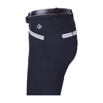 Schwarze Reitleggings mit einem weißen gestreiften Taschen-Detail und einem Logo auf der Rückseite, mit schlanker Passform und Gürtelschlaufen.