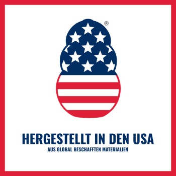 Flaggenähnliches Haustier-Logo mit Sternen und Streifen über dem Text 'HERGESTELLT IN DEN USA' und 'AUS GLOBAL BESCHAFFTEN MATERIALIEN'.