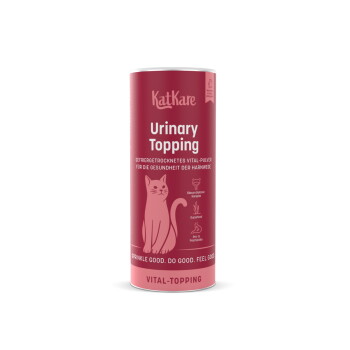 Rosa KatKare 'Urinary Topping'-Dose, Katzenergänzungsprodukt mit Katzenillustration und 'Vital-Topping'-Label.