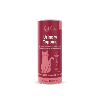 Rosa KatKare 'Urinary Topping'-Dose, Katzenergänzungsprodukt mit Katzenillustration und 'Vital-Topping'-Label.