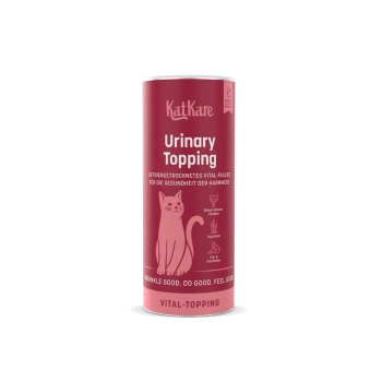 Rosa KatKare 'Urinary Topping'-Dose, Katzenergänzungsprodukt mit Katzenillustration und 'Vital-Topping'-Label.