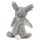 Flauschiges graues Kaninchen-Plüschspielzeug mit langen Ohren und einem weißen Schwanz, von hinten betrachtet.