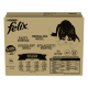 Boîte de nourriture pour chat Purina Felix avec un chat noir et blanc, étiquetée "Tasty Shreds" et "Succulent Grill," avec une sélection mixte de saveurs.