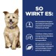 Hund mit blauer Halsband neben Text über die Vorteile von Tiernahrung: kontrollierter Phosphor, niedriger Natriumgehalt, Omega-3-Fettsäuren und ActivBiome+ für die Darmgesundheit.