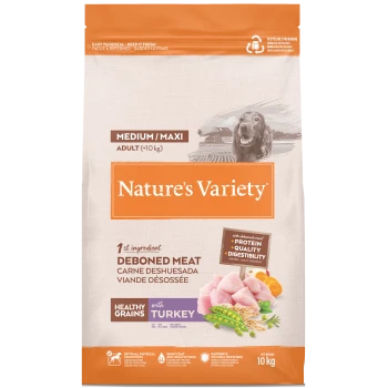 Nourriture Nature's Variety Medium/Maxi pour chien adulte avec viande de dinde désossée, céréales saines, sac de 10 kg, emballage recyclable.