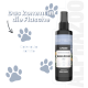 Schwarze Sprühflasche mit der Aufschrift "ALPHAZOO Beauty Brandlöscher" mit Illustrationen von Kamille und Ringelblume, die beruhigende Effekte für alle Rassen bewirbt.