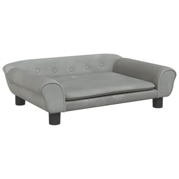 Stylisches graues Haustiersofa mit abgerundeten Armen, Knopfdetails und einem abnehmbaren Kissen, entworfen für kleine bis mittelgroße Haustiere.