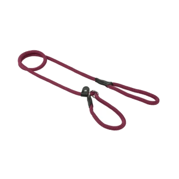 Eine burgunderfarbene Hundeleine mit einer Schlaufe und einem Metallclip zum Befestigen an einem Halsband, präsentiert vor einem weißen Hintergrund.