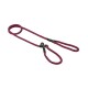 A burgundy dog leash with a loop handle and a metal clip for attaching to a collar, displayed against a white background.
