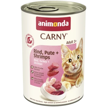 Dose Animonda CARNY, Rind, Pute + Shrimps, Adult 1+, orange-getigerte Katze.