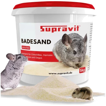 5-kg-Supravit-"Badesand"-Eimer mit feinem Badesand, Sandhaufen sowie Chinchilla und Hamstern; Aufschrift "extra fein".