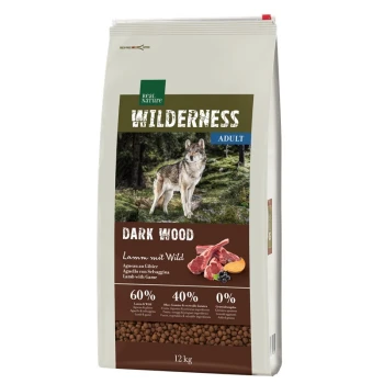12 kg Sack Real Nature Wilderness Adult Hundefutter, 'Dark Wood', mit Wolfdesign; 60% Lamm/Wild, 40% Früchte/Gemüse, 0% Getreide.