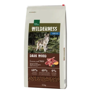 12 kg bag of Real Nature Wilderness Adult dog food, "Dark Wood," with wolf design; 60% lamb/game, 40% fruits/veggies, 0% grains.