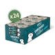 Eine Box mit 24 Dosen Katzenfutter von Lily's Kitchen mit zerrissenen Filets, mit einem Cartoon-Katze auf der Verpackung, beschriftet mit "Thunfisch & Lachs."
